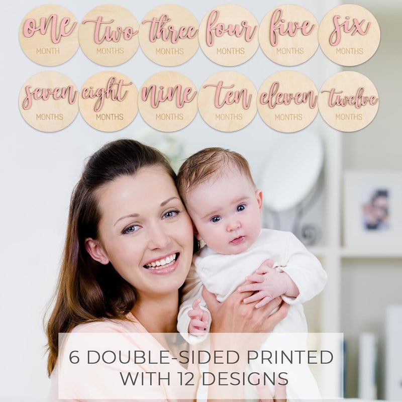 Giftacity Monthly Baby Girl Milestone Circles: Newborn Milestone Age Wooden Cards from 1-12 Months - Birth One Month Markers Discs for Girls Photo Props - Image 3